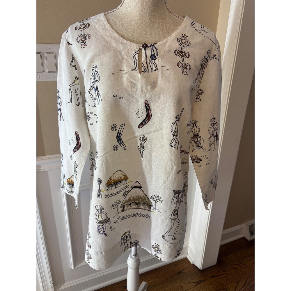 Orchadia Casuals Linen Blend Tunic Top Large Australian Kangaroo Boomerang Print